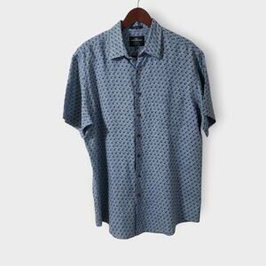 Rodd & Gunn 100% Linen‎ SS Button Up Shirt Blue Pelican Geo Sports Fit Sz XL